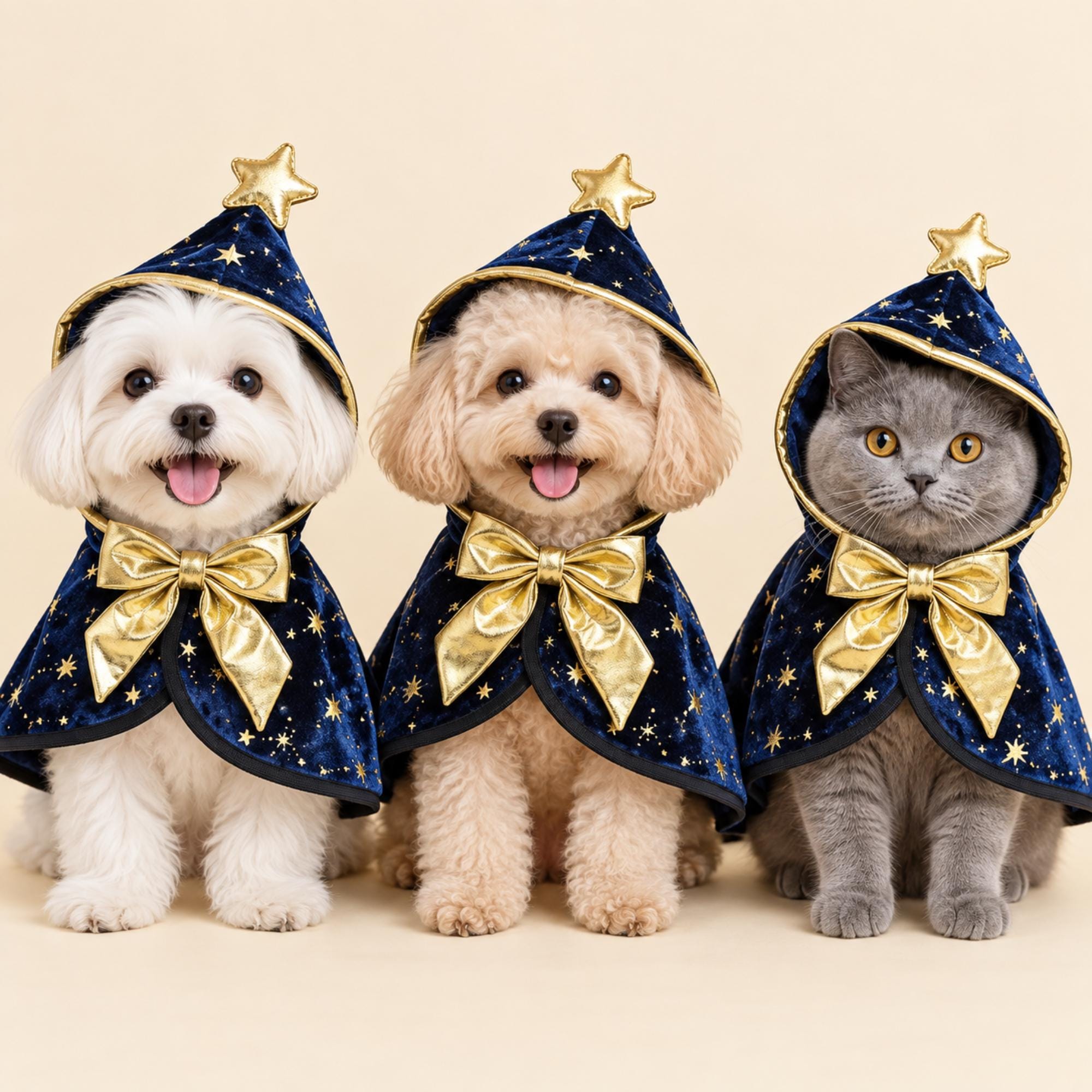 Navy Star Wizard Pet Cape, Gold Bow Halloween Costume for Dogs & Cats — gallery photo 1