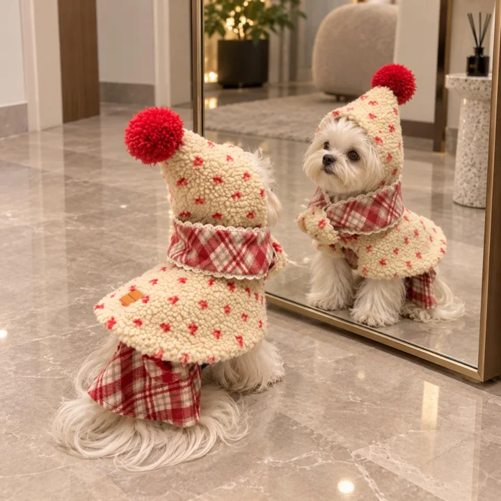 Cream Sherpa Christmas Pet Cape, Plaid Hooded Holiday Outfit for Dogs & Cats