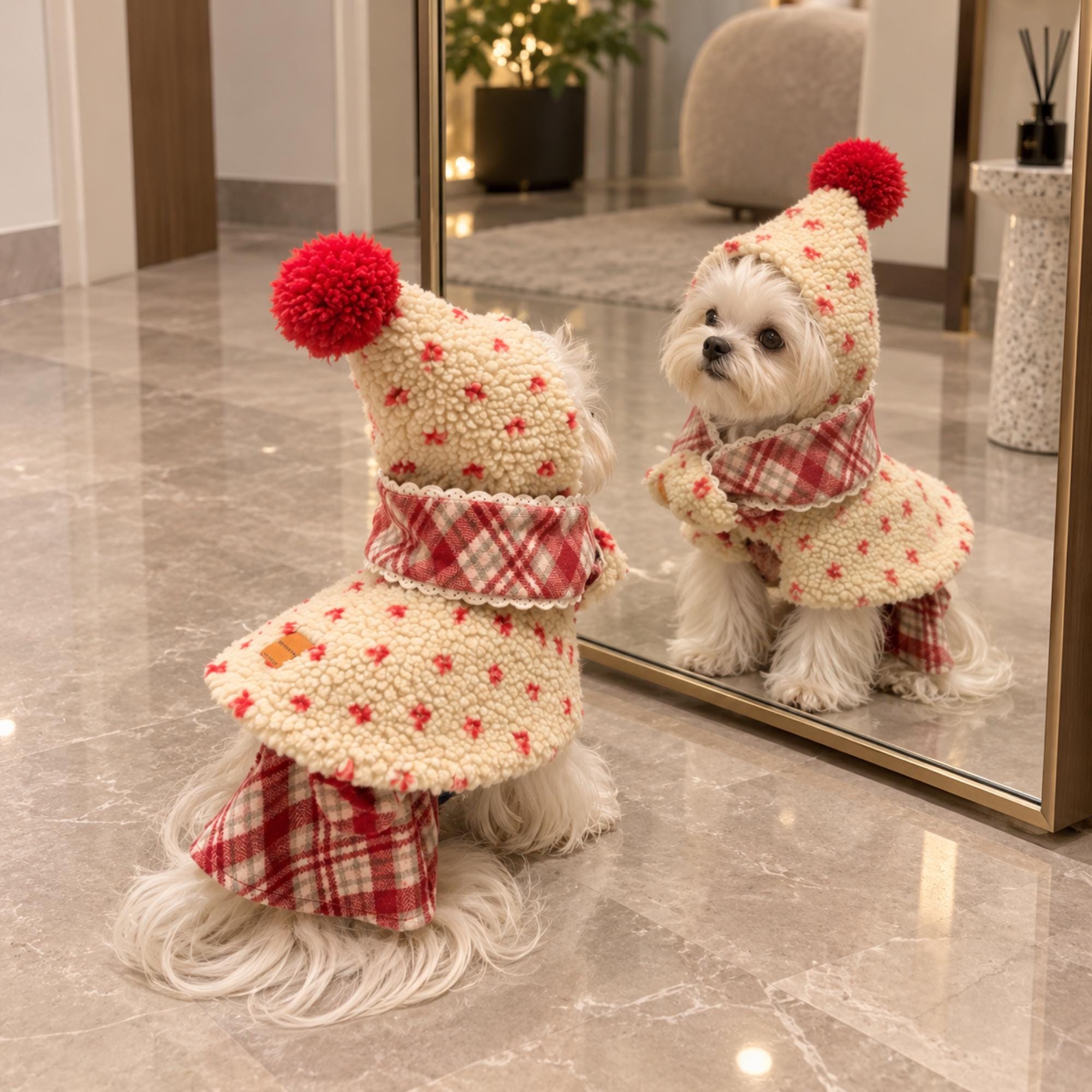 Cream Sherpa Christmas Pet Cape, Plaid Hooded Holiday Outfit for Dogs & Cats