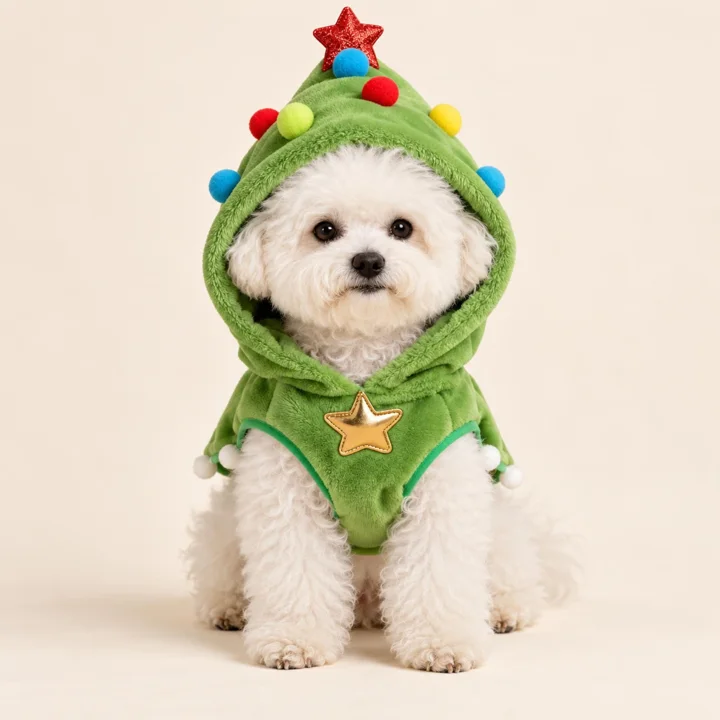 Christmas Tree Pet Cape, Green Holiday Costume With Pom Poms for Dogs & Cats