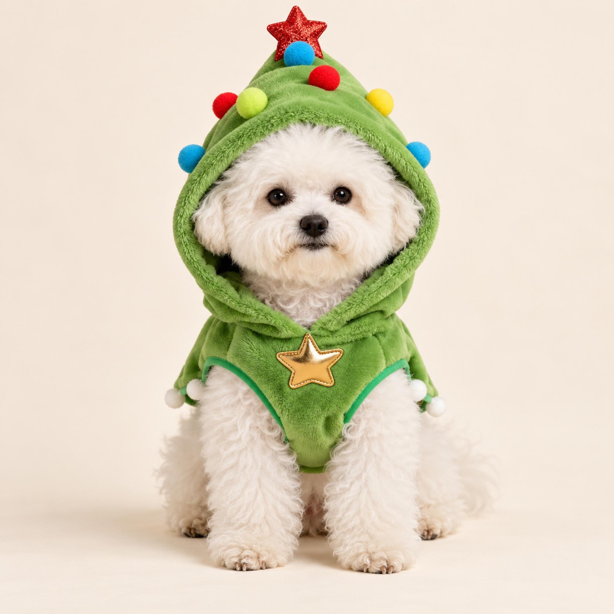 Christmas Tree Pet Cape, Green Holiday Costume With Pom Poms for Dogs & Cats