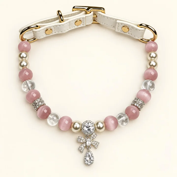 Pink Crystal Pearl Dog Collar, White Leather Pet Necklace With Bow Charm
