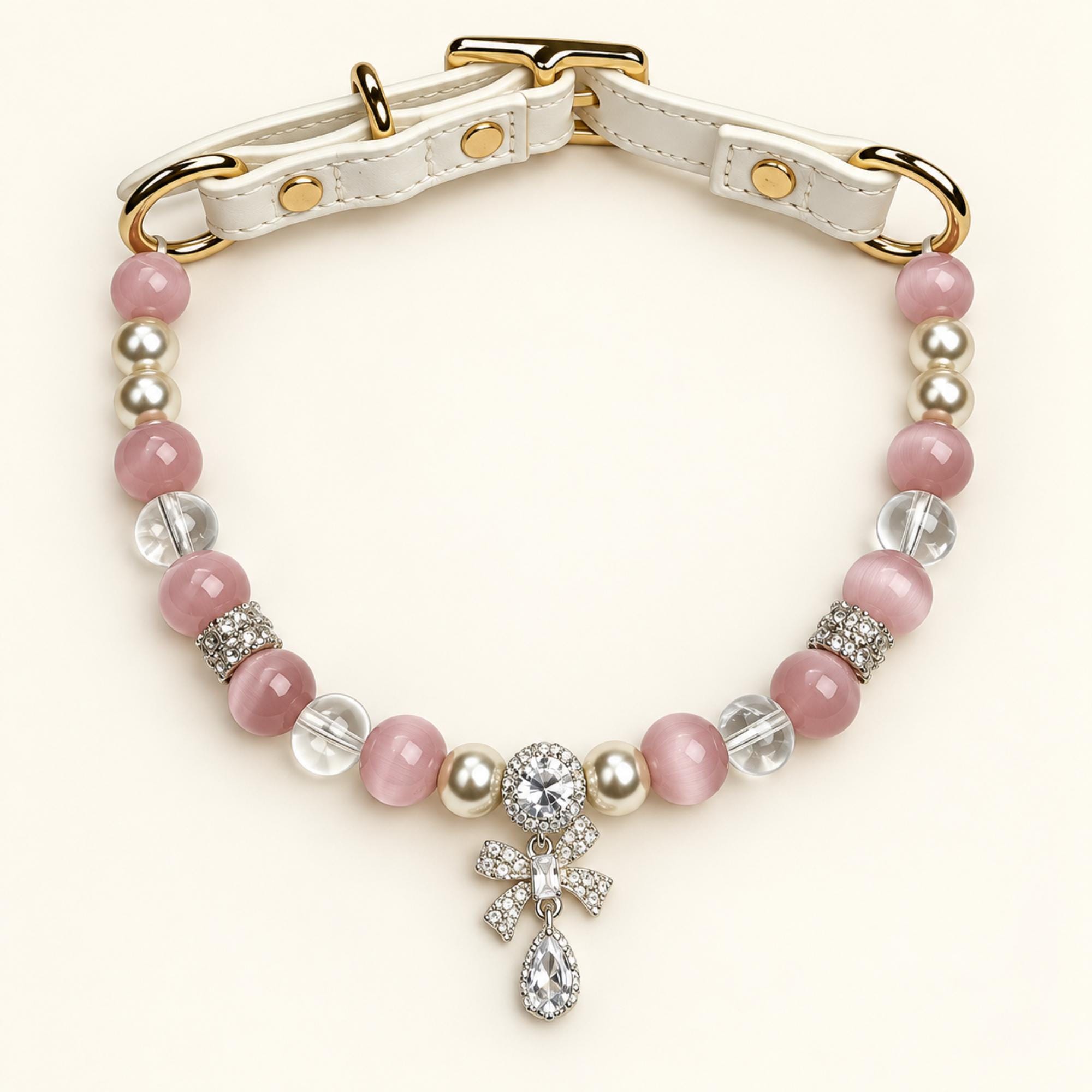 Pink Crystal Pearl Dog Collar, White Leather Pet Necklace With Bow Charm