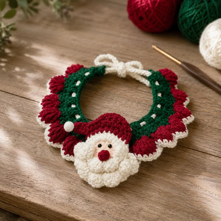 Crochet Christmas Pet Collar, Santa Dog & Cat Holiday Costume
