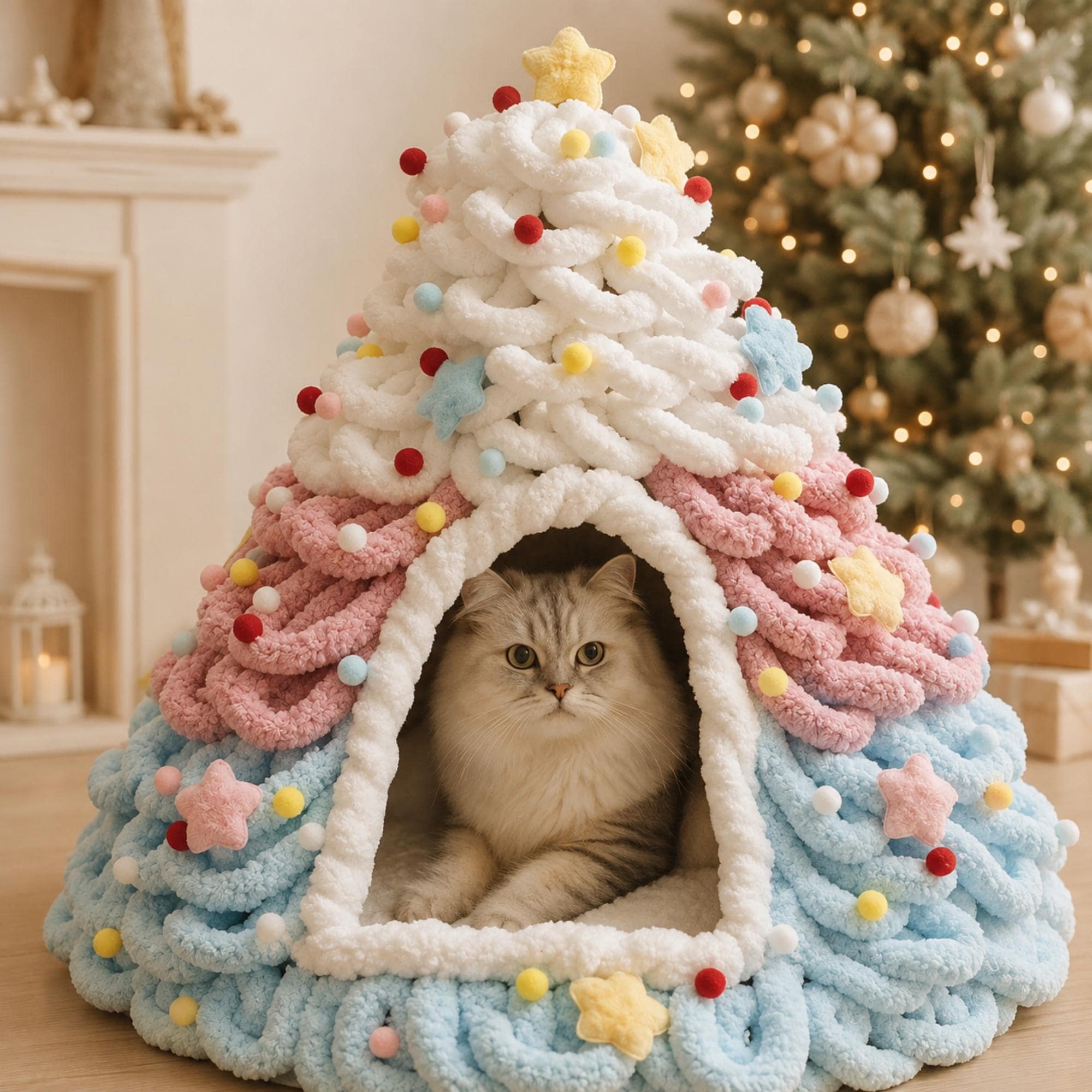 DIY Pastel Christmas Tree Cat Cave Kit, Plush Yarn Pet Bed