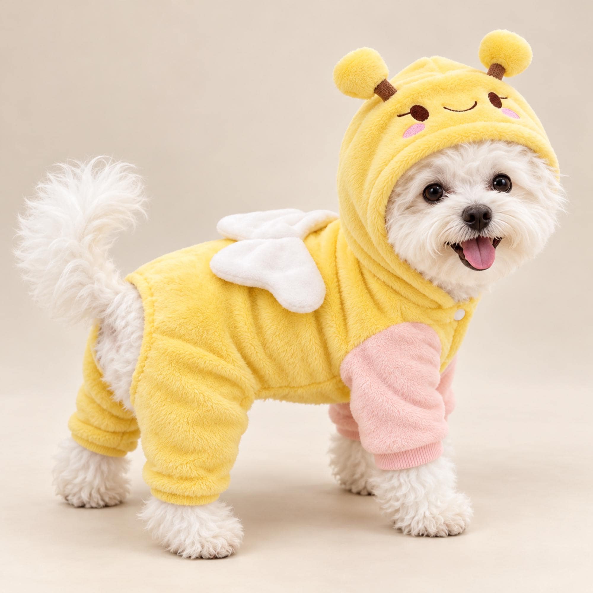 Yellow Plush Bee Pet Costume, Hooded Wings, Pink Sleeves (dog & Cat) — gallery photo 1
