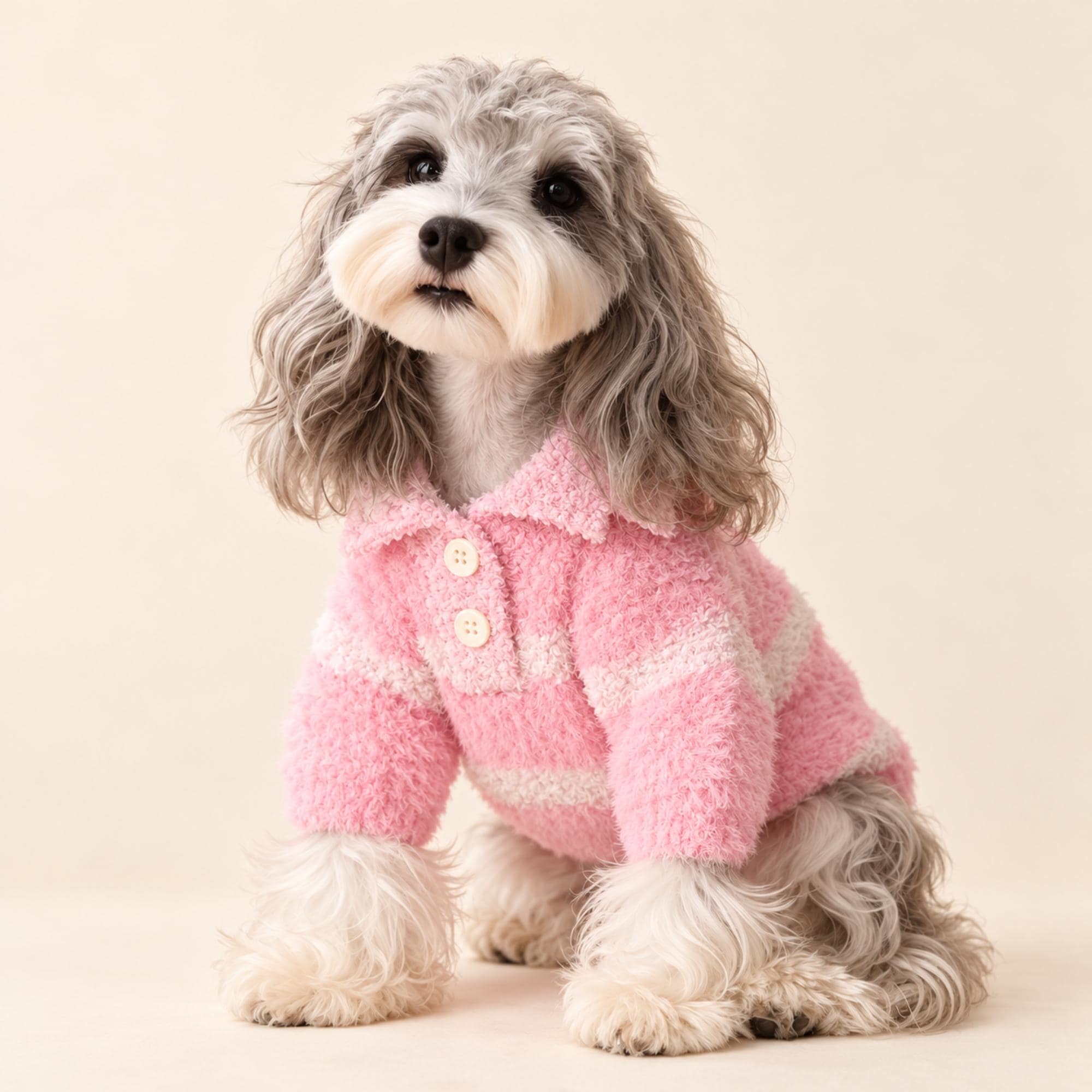 Pink Fuzzy Pet Cardigan, Collared Button Sweater, Cozy Winter Clothes for Small Dogs