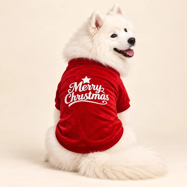 Velvet Christmas Dog Shirt, Red Green Holiday Pet Outfit for Dogs & Cats