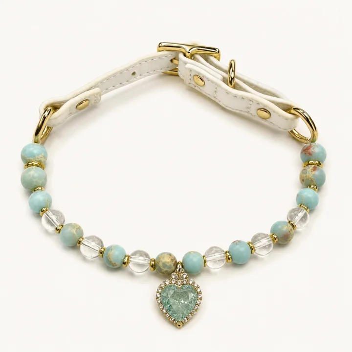 Aqua Crystal Dog Collar, White Leather Pet Collar With Heart Charm