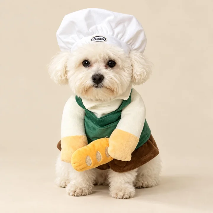 Baker Pet Costume, Chef Outfit With Plush Baguette for Dogs and Cats