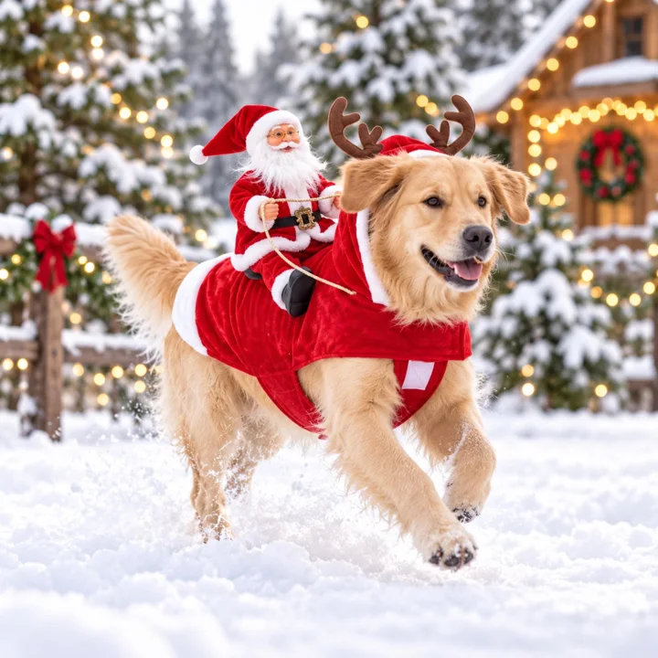 Santa Rider Dog Costume, Reindeer Christmas Pet Outfit With Antlers for Large Dogs