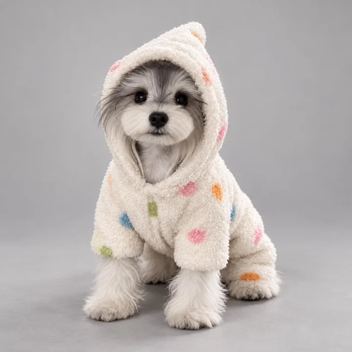 Spotted Fleece Pet Jumpsuit, Hooded Winter Outfit, Cozy Pajamas for Small Dogs and Cats
