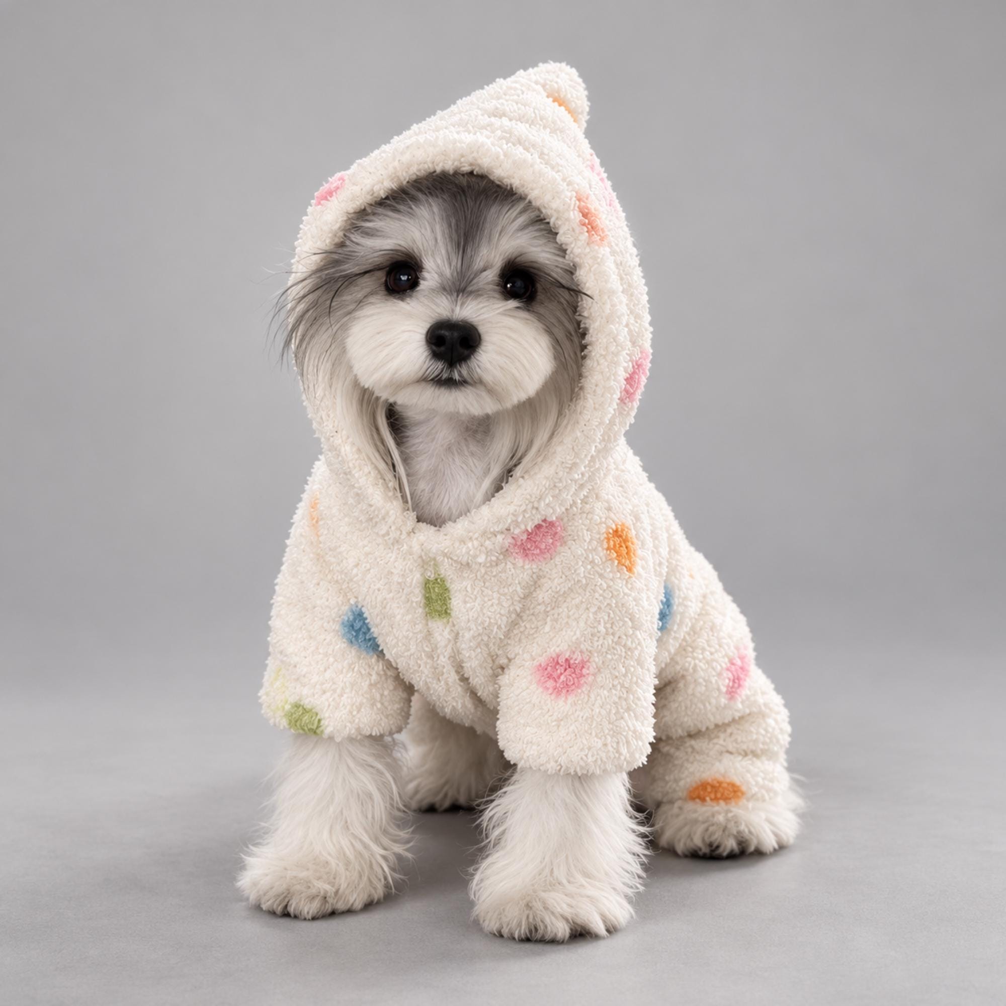 Spotted Fleece Pet Jumpsuit, Hooded Winter Outfit, Cozy Pajamas for Small Dogs and Cats — gallery photo 1