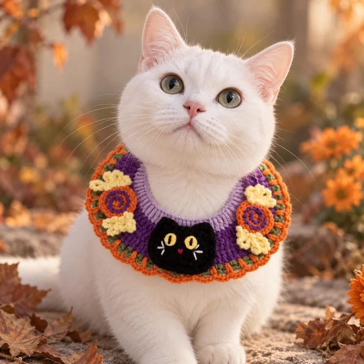 Black Cat Crochet Halloween Pet Collar — gallery photo 6