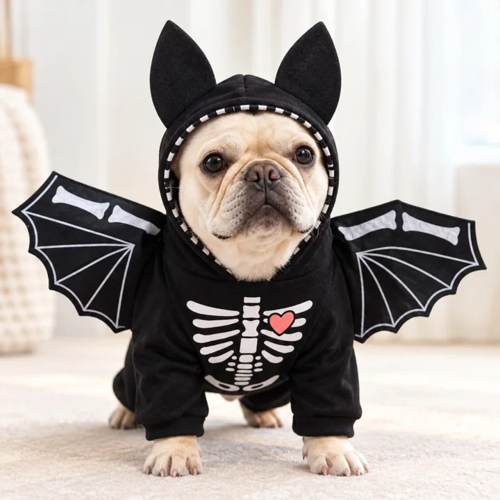 Skeleton Bat Wing Dog Costume, Black Halloween Pet Outfit With Pink Heart