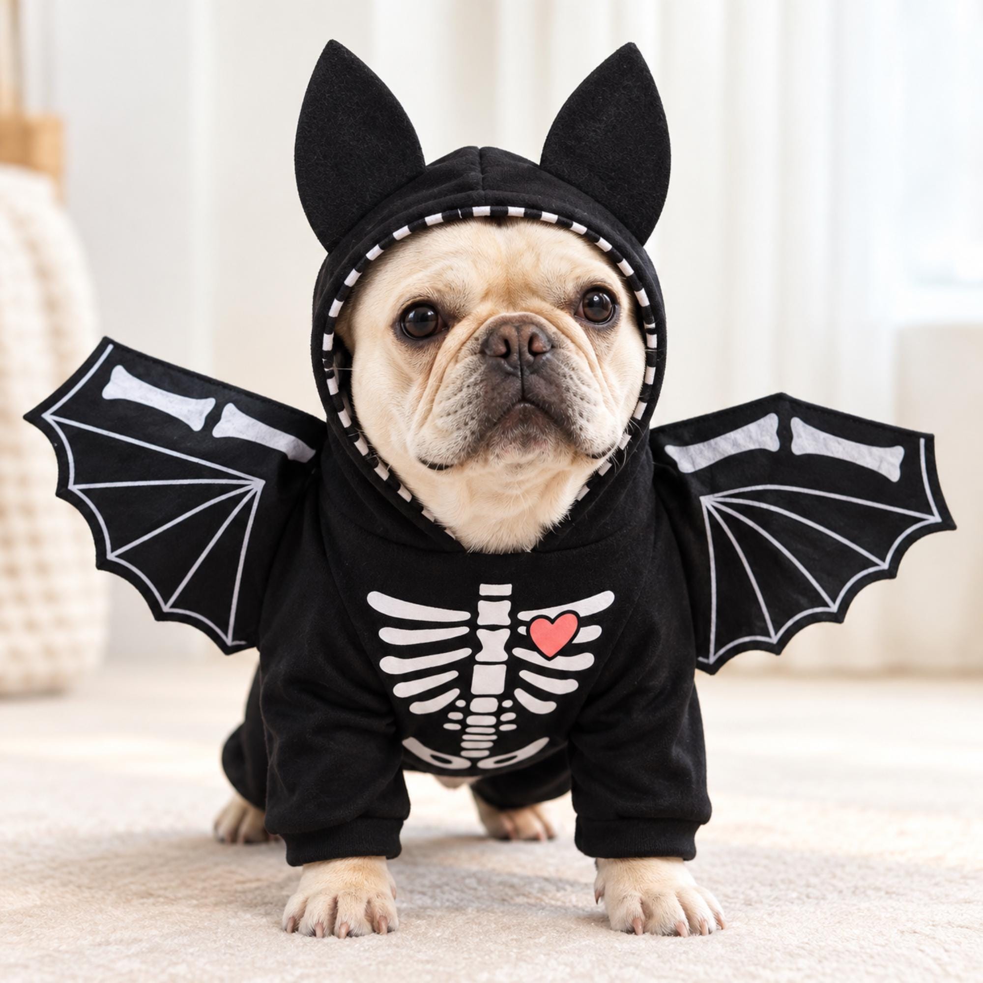 Skeleton Bat Wing Dog Costume, Black Halloween Pet Outfit With Pink Heart — gallery photo 1