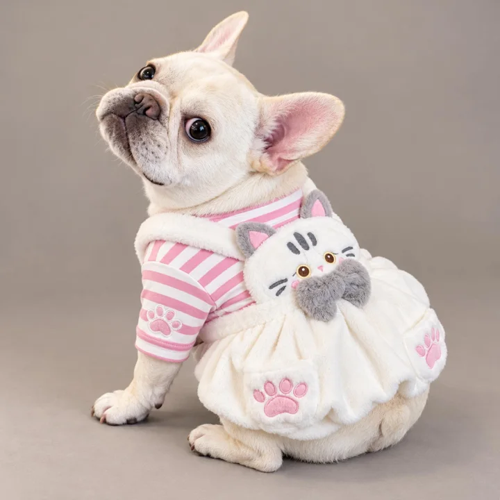 Cat Face Pet Dress, Pink Striped Shirt With Plush Bow for Small Dogs