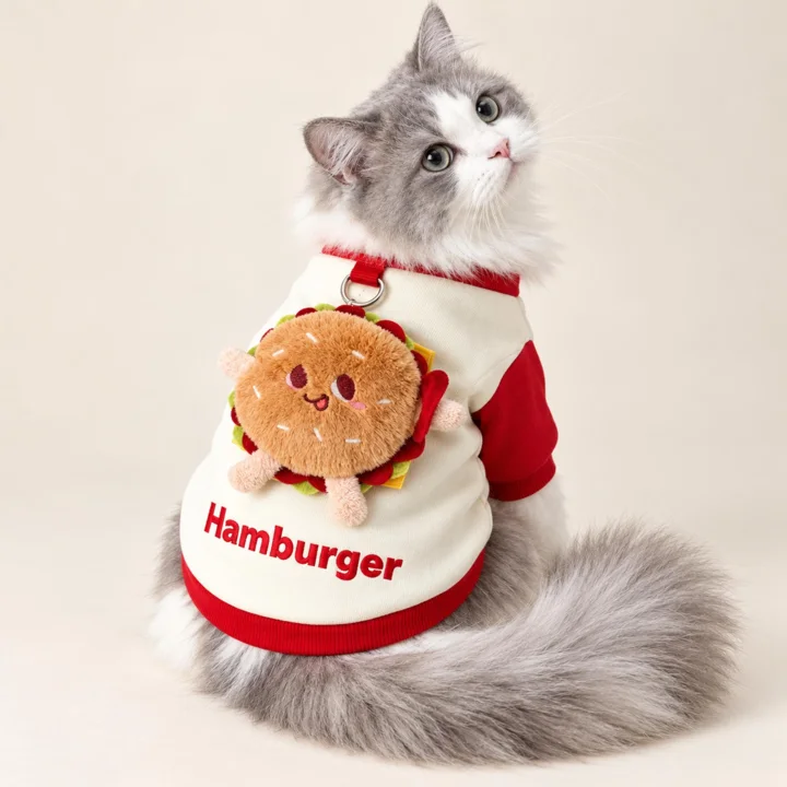 Hamburger Pet Sweatshirt, 3D Burger Outfit, Cream Red Clothes for Cats and Dogs