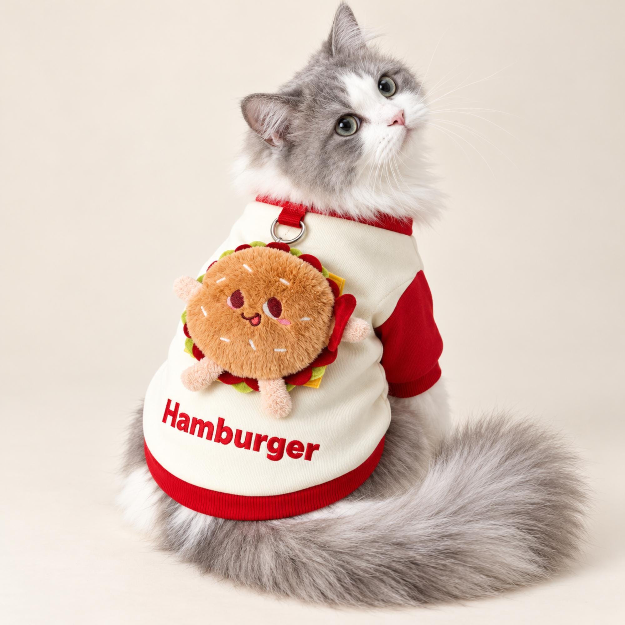 Hamburger Pet Sweatshirt, 3D Burger Outfit, Cream Red Clothes for Cats and Dogs
