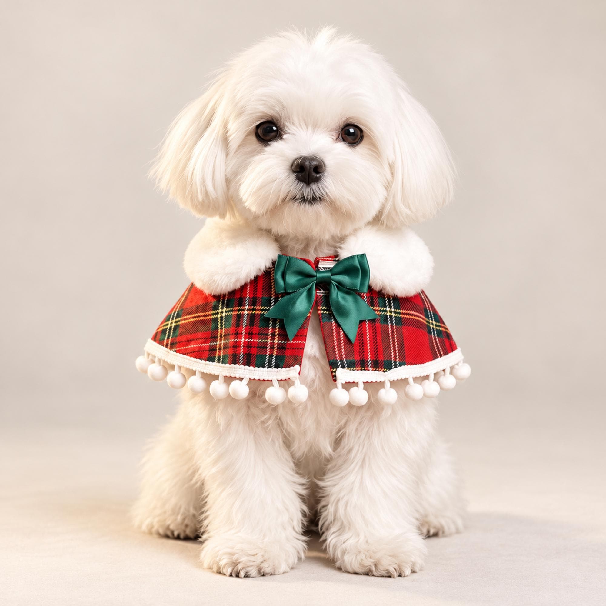 Christmas Plaid Pet Cape, Tartan Holiday Cloak With Pom Pom Trim for Pets — gallery photo 1