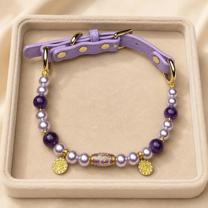 Purple Crystal Pearl Dog Collar, Lavender Leather Pet Collar With Gold Charms