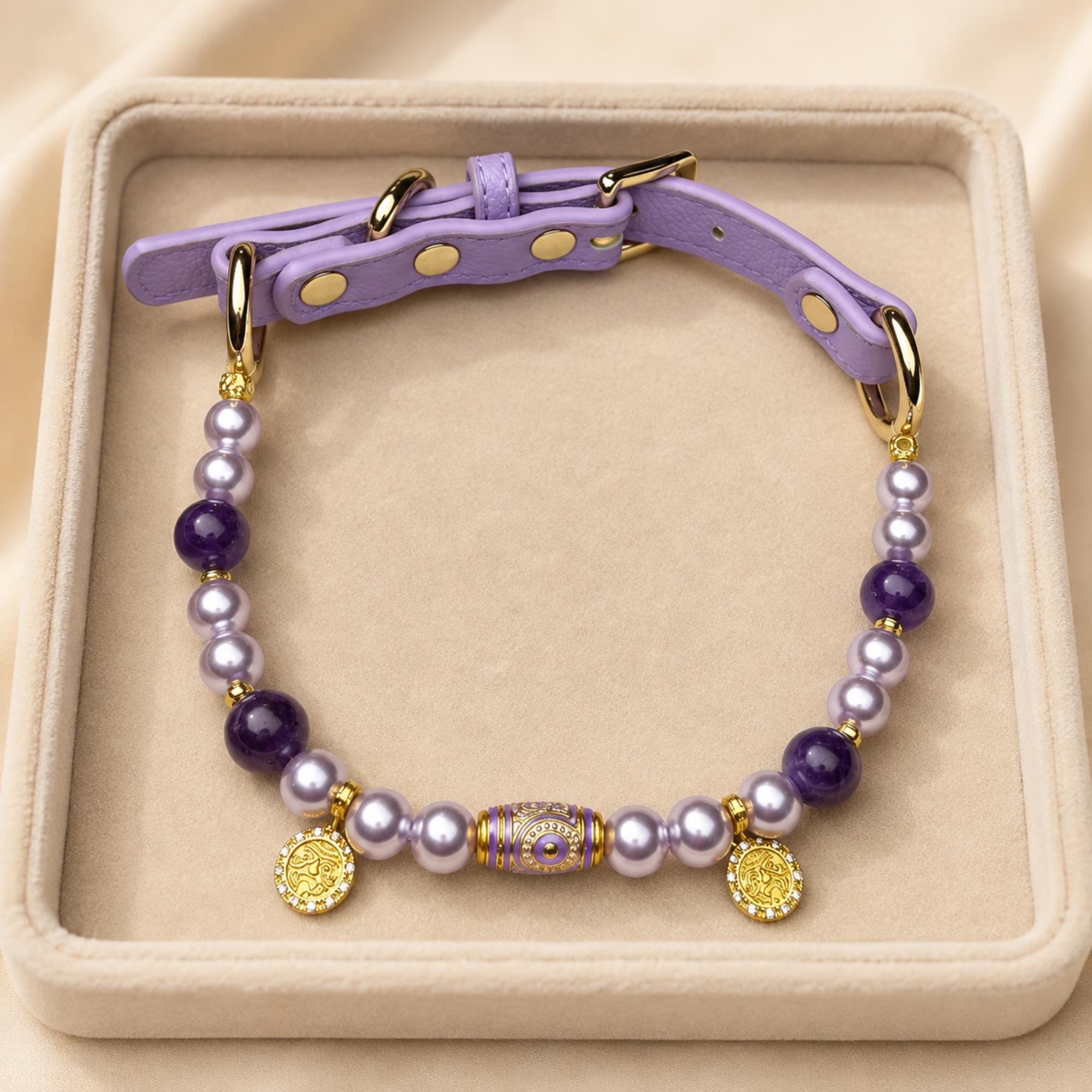 Purple Crystal Pearl Dog Collar, Lavender Leather Pet Collar With Gold Charms — gallery photo 1