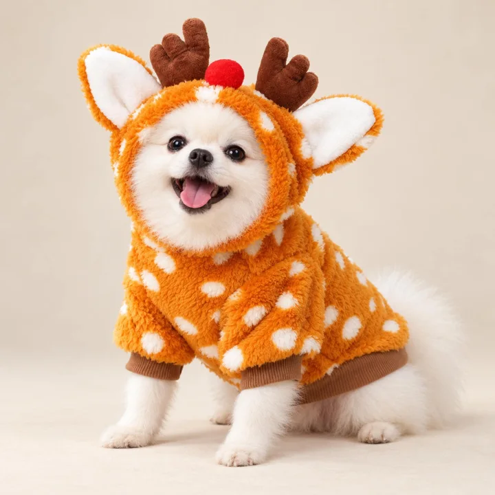 Reindeer Pet Costume, Christmas Plush Hoodie, Holiday Outfit for Cats and Dogs