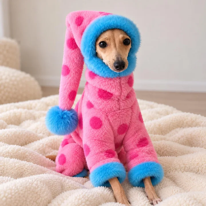 Pink Plush Dog Jumpsuit, Cozy Polka Dot Winter Outfit With Matching Hat Included