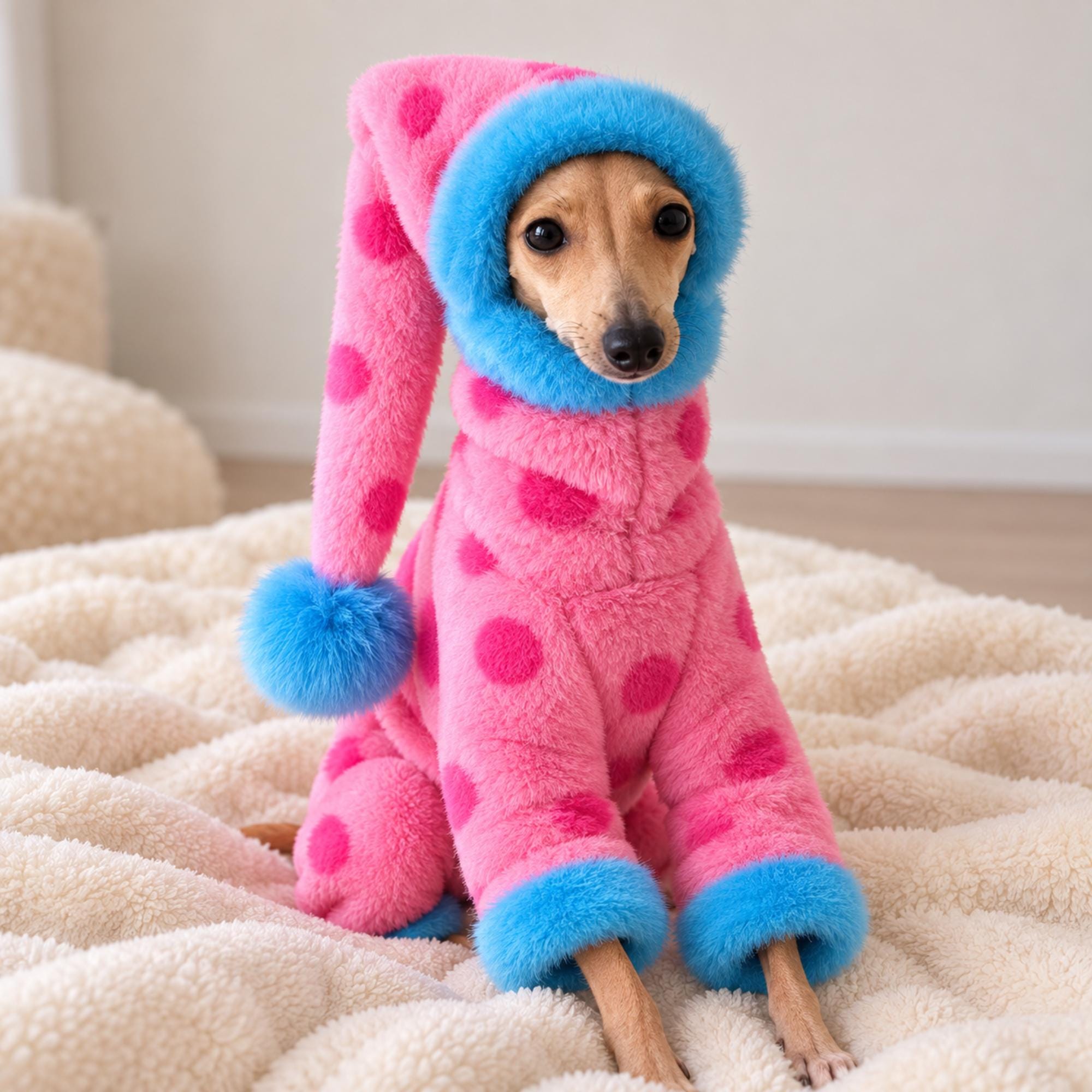 Pink Plush Dog Jumpsuit, Cozy Polka Dot Winter Outfit With Matching Hat Included — gallery photo 1