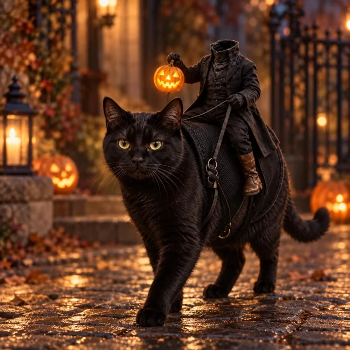 Headless Horseman Cat Costume, Pumpkin Rider Halloween Pet Outfit for Cats & Small Dogs